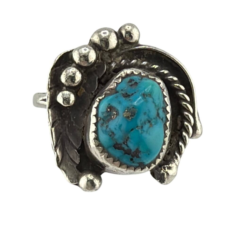 Vintage Manygoats Navajo Sterling Silver Turquoise Feather Ring 7.5